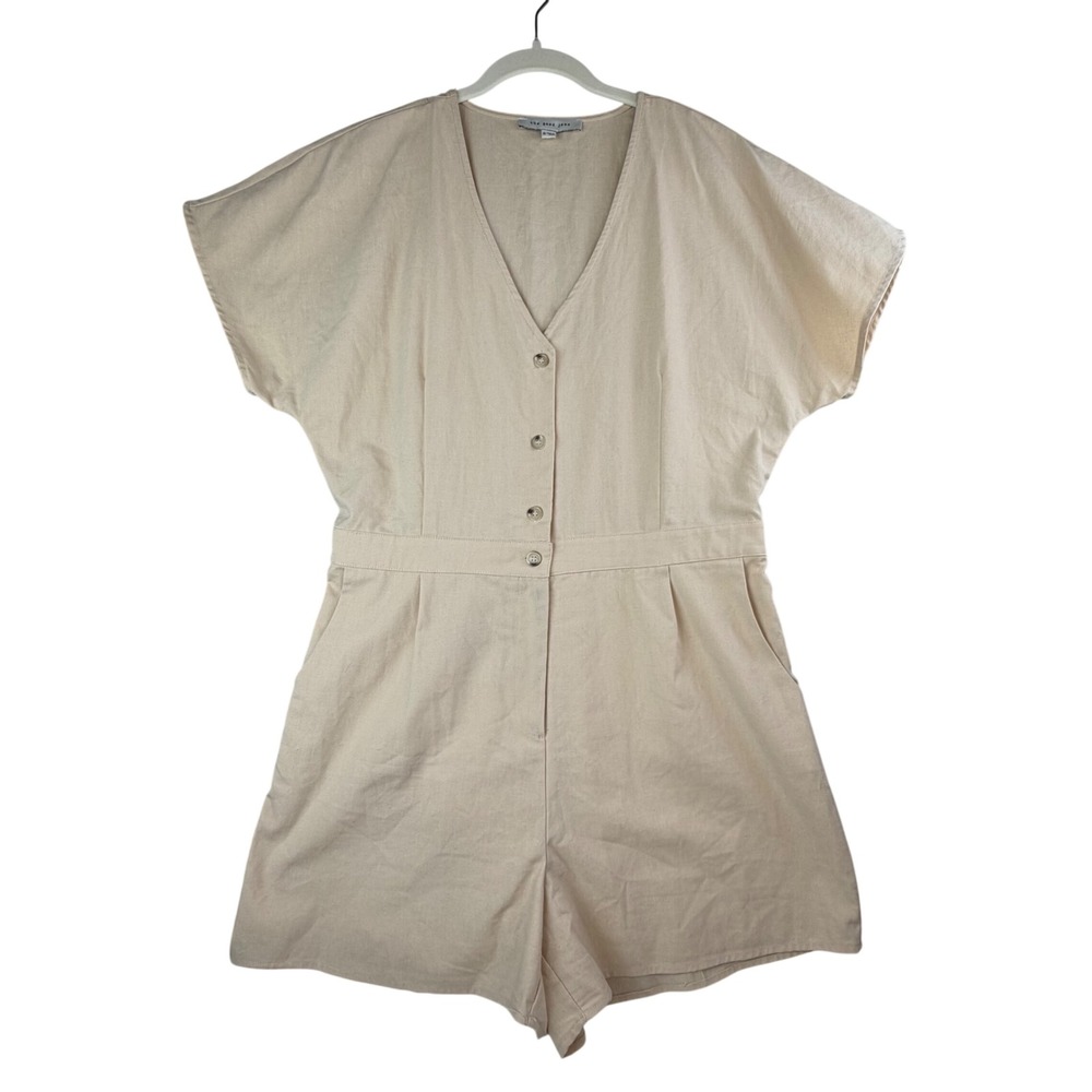 The Good Jane‎ Linen Blend Romper XL Beige Utility V Neck Button Front Pockets